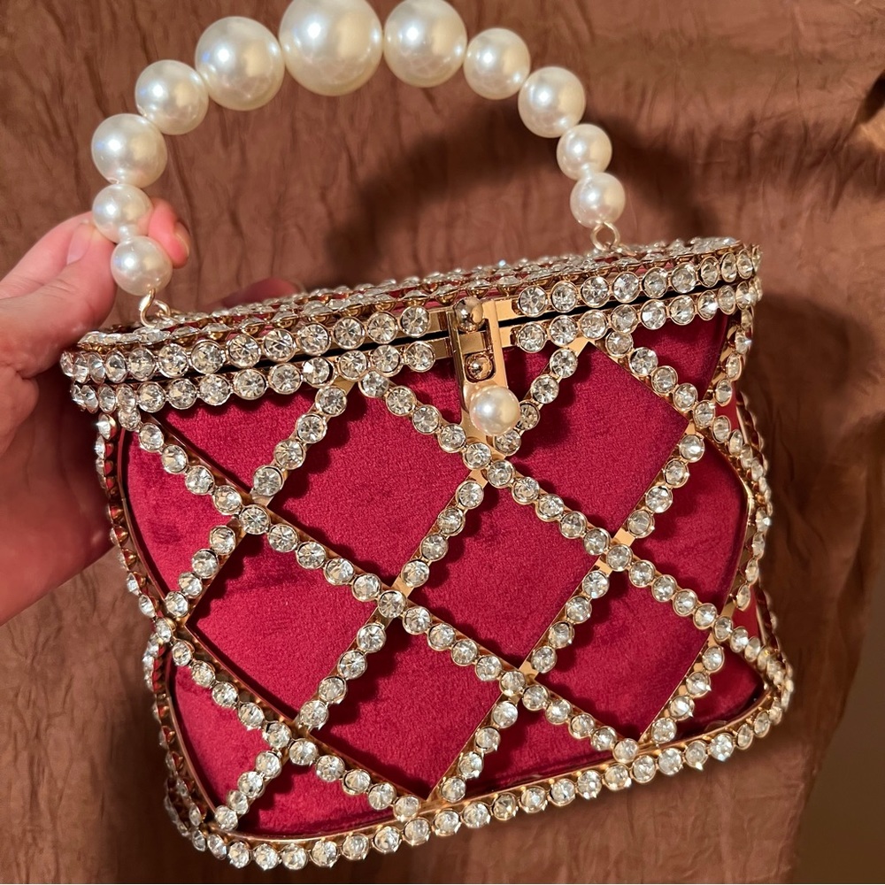Gabrielle New York Red Bejeweled Velvet Pearl Bag